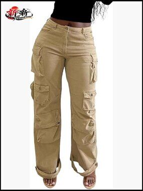 Baggy High Waisted Straight Leg Cargo Jeans with Multi Pockets Y2K Trousers
